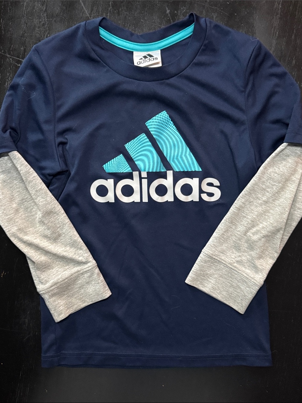 adidas Navy Long-Sleeve Tee with Grey Sleeves and Teal Logo